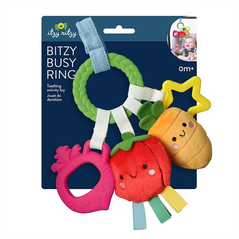 Teething activity toy featuring colorful vegetable designs, including plush carrot and tomato. Suitable for infants 0 months and up.