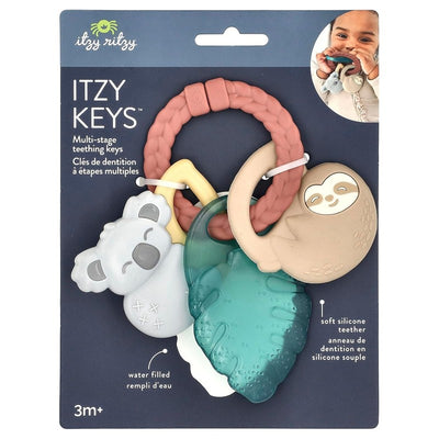 Multi-stage teething keys set by Itzy Ritzy featuring a koala, sloth, and leaf, with water-filled elements and soft silicone materials.