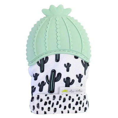 Teething mitt shaped like a cactus, featuring a green silicone top and fabric with black cactus print.