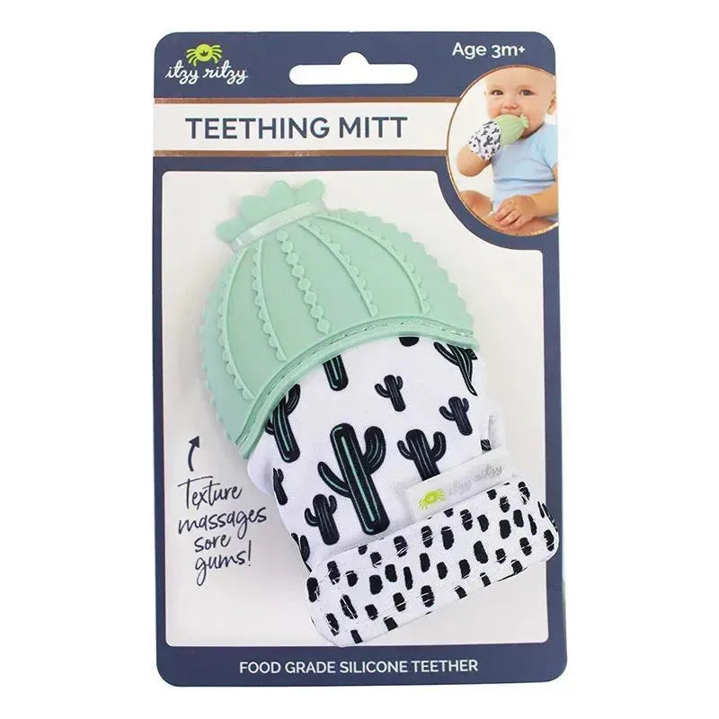 Teething mitt with cactus design, featuring a soft silicone top for soothing sore gums. Suitable for babies 3 months and older.
