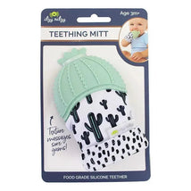 Teething mitt with cactus design, featuring a soft silicone top for soothing sore gums. Suitable for babies 3 months and older.