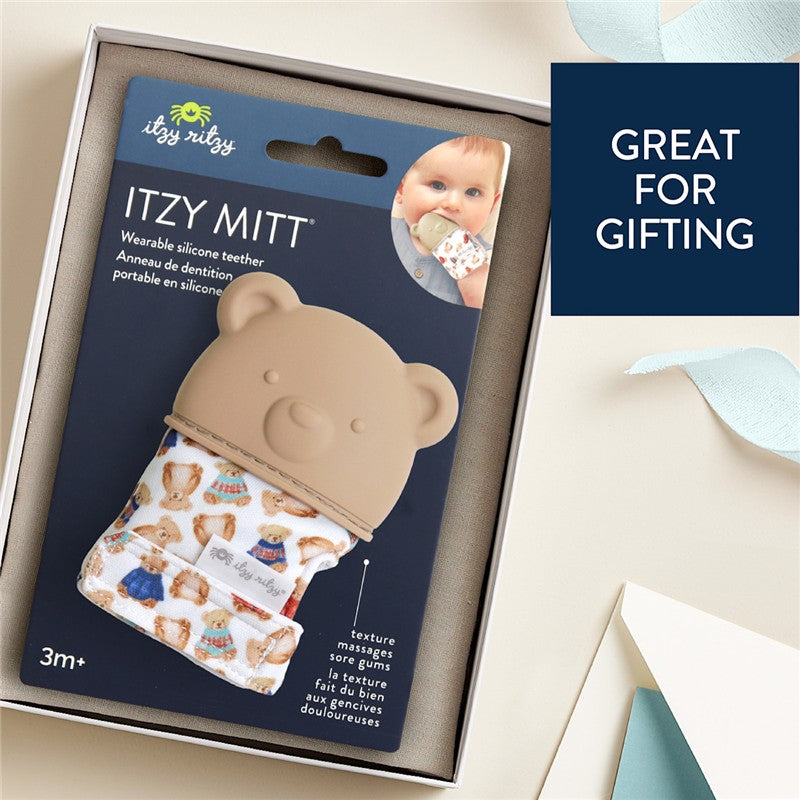 Wearable silicone teether for infants, featuring a bear-shaped design and colorful bear-patterned mitt.