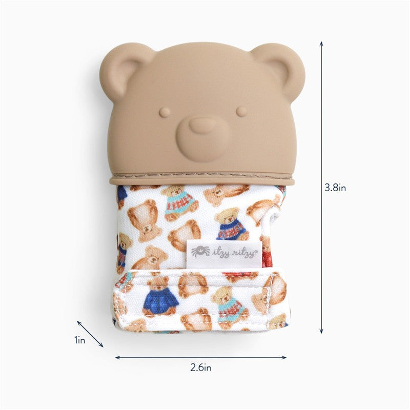 Teething mitt with a bear-shaped silicone top and patterned fabric featuring teddy bears, dimensions 3.8in x 2.6in x 1in.