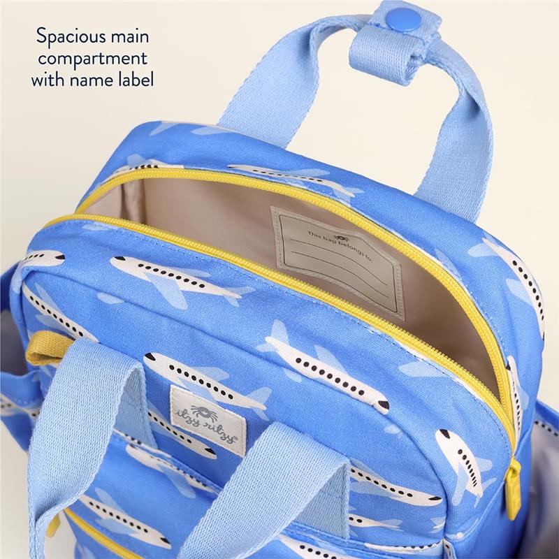 Toddler backpack featuring an airplane design, with a spacious main compartment and a name label inside.