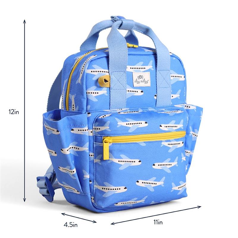 Toddler-sized blue backpack featuring airplane prints, with a front zip pocket and two side pockets. Dimensions are 12x11x4.5 inches.