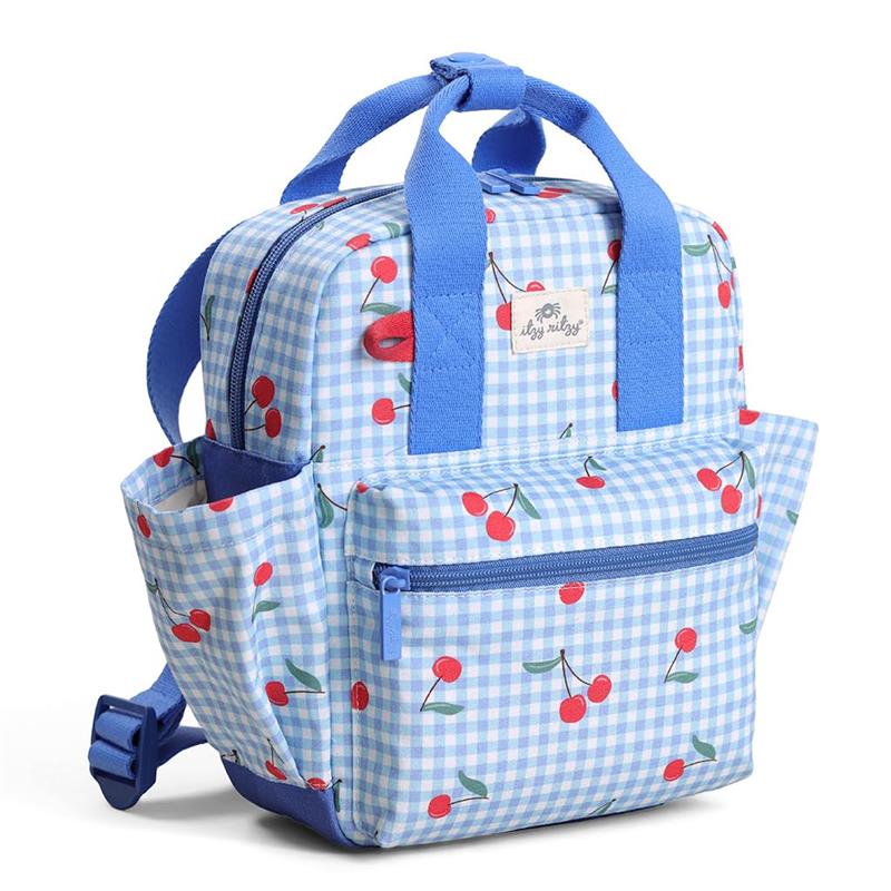 Toddler-sized backpack featuring a light blue gingham pattern adorned with cherry prints and a front zippered pocket.