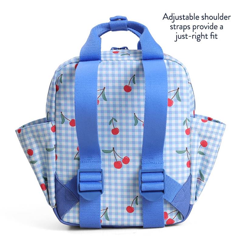 Toddler-sized backpack featuring a light blue gingham pattern with cherry designs and adjustable blue shoulder straps.
