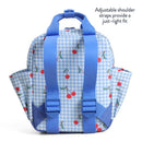Toddler-sized backpack featuring a light blue gingham pattern with cherry designs and adjustable blue shoulder straps.