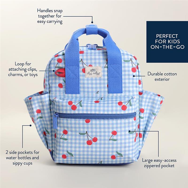 Toddler backpack in cherry print, featuring durable cotton, snap handles, side pockets, and a front zippered pocket.