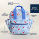 Toddler backpack in cherry print, featuring durable cotton, snap handles, side pockets, and a front zippered pocket.