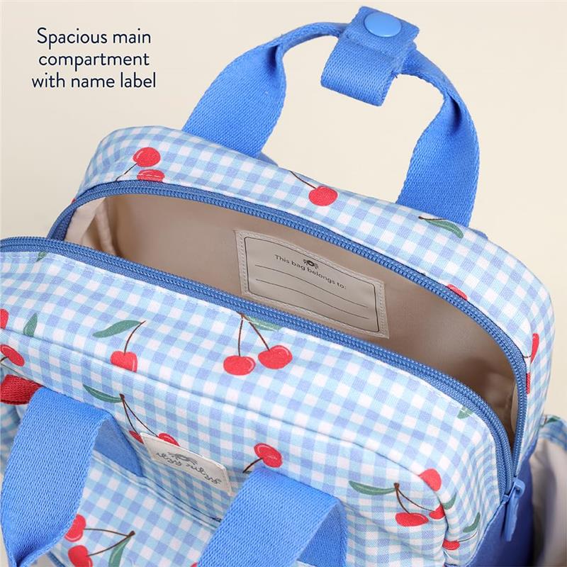 Toddler backpack featuring a blue checkered pattern with cherry motifs, a spacious main compartment, and a name label inside.