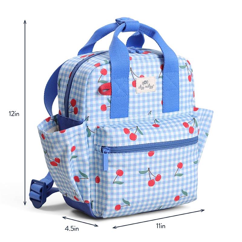 Toddler-sized backpack featuring a blue and white gingham pattern with red cherries, adjustable straps, and zippered pockets.
