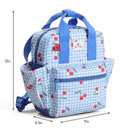 Toddler-sized backpack featuring a blue and white gingham pattern with red cherries, adjustable straps, and zippered pockets.