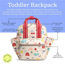 Toddler backpack featuring a farm animal design, durable cotton exterior, and multiple pockets for convenience.