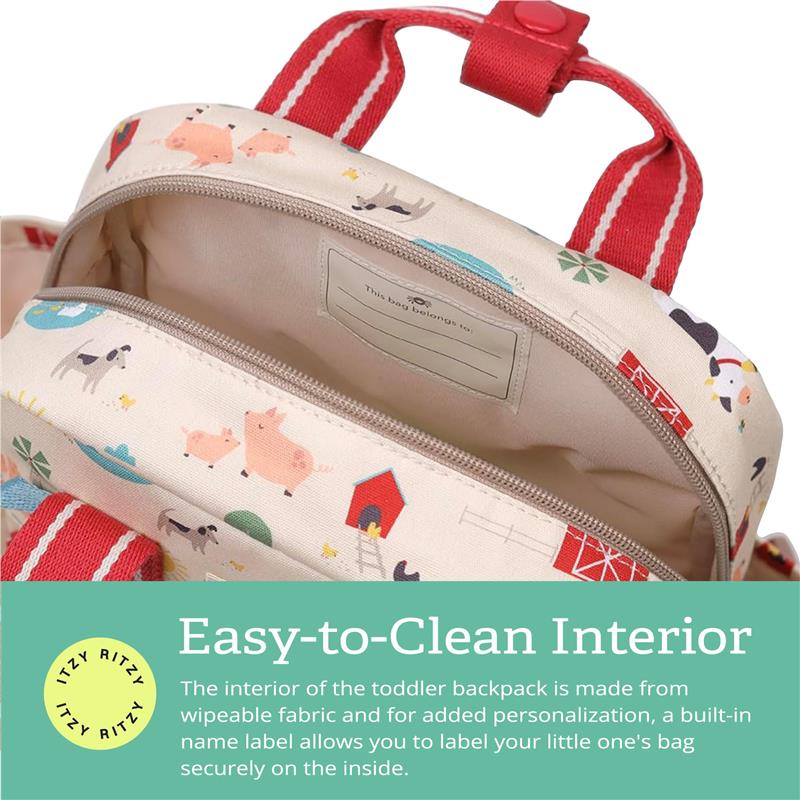 Toddler backpack featuring a farm friends design, with easy-to-clean interior and built-in name label.