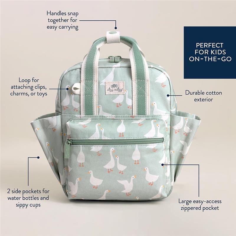 Toddler backpack featuring a green exterior with duck illustrations, two side pockets, a front zippered pocket, and snap handles.