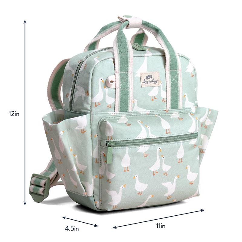 Mint green toddler backpack featuring a playful goose pattern, dimensions 12in x 11in x 4.5in, with multiple pockets.