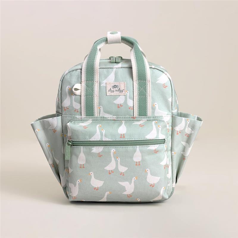 Toddler backpack featuring a light green pattern with white geese, a front zip pocket, and sturdy handles.
