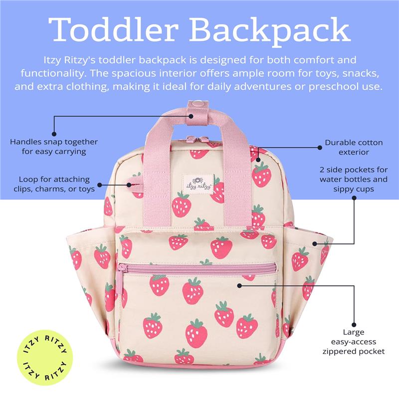 Toddler backpack by Itzy Ritzy in a pink strawberry design with durable cotton exterior, side pockets, and zippers.