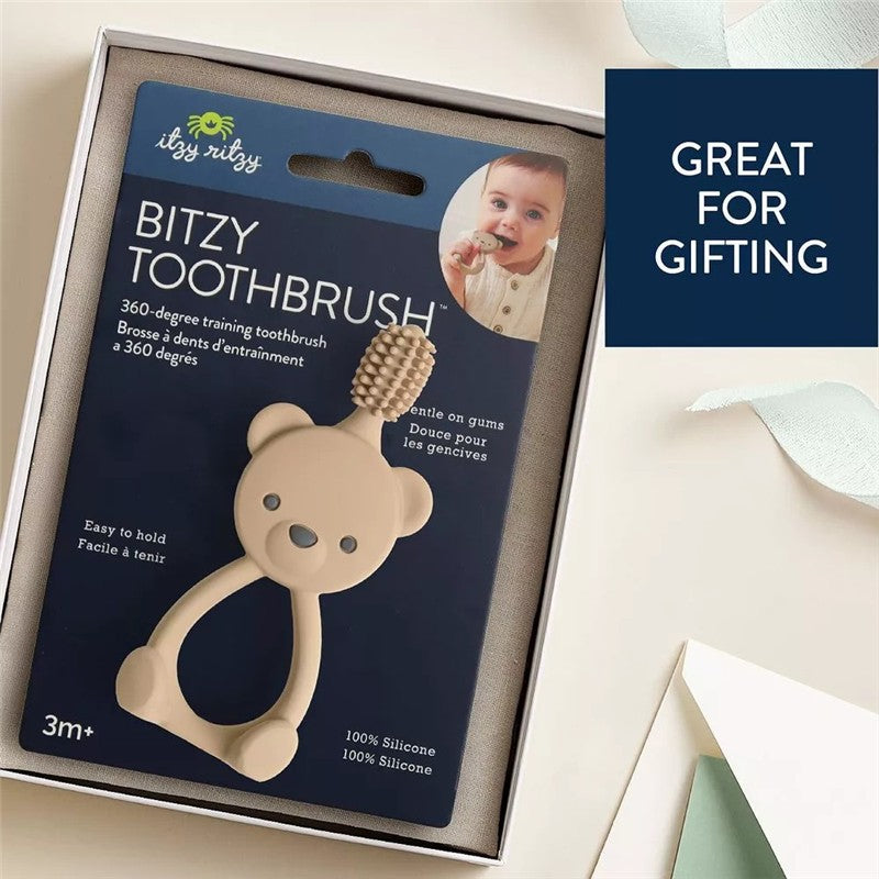 360-degree training toothbrush shaped like a bear, made of 100% silicone, suitable for children 3 months and older.