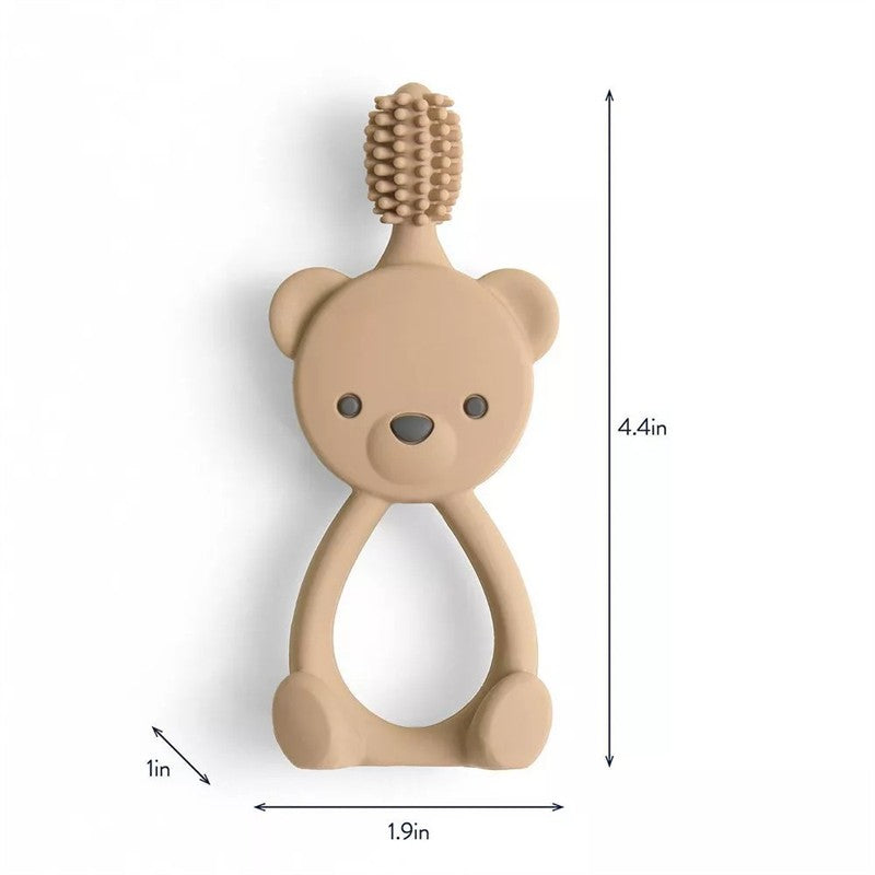 Training toothbrush designed for toddlers, shaped like a bear, in a beige color, with dimensions of 4.4 inches by 1.9 inches.