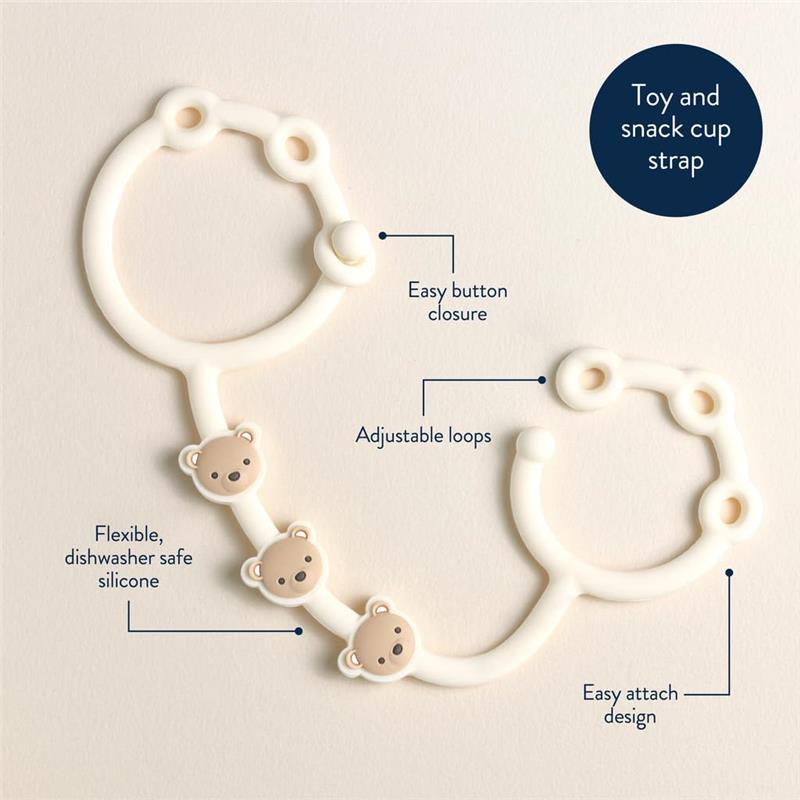 Toy and snack cup strap made of flexible silicone, featuring adjustable loops and a bear design, with an easy button closure.