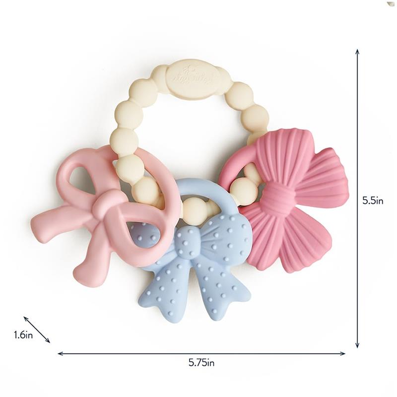 Multi-textured silicone teether featuring three colorful bow shapes in pink, blue, and white, with measuring dimensions.