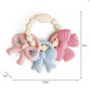 Multi-textured silicone teether featuring three colorful bow shapes in pink, blue, and white, with measuring dimensions.