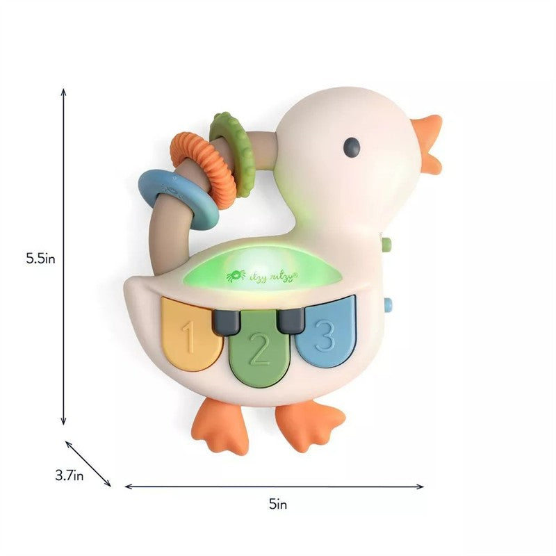 Itzy Ritzy light-up interactive piano toy shaped like a goose with colorful piano keys and textured rings for sensory play.
