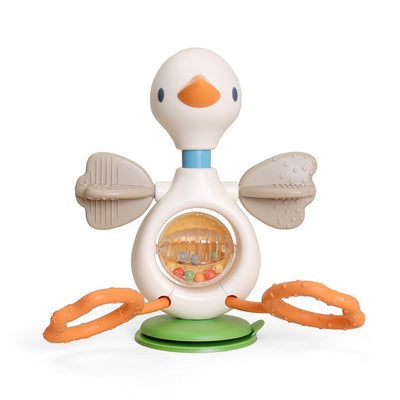 Sensory activity toy designed as a goose, featuring colorful beads, textured rings, and movable wings for engaging play.