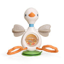 Sensory activity toy designed as a goose, featuring colorful beads, textured rings, and movable wings for engaging play.
