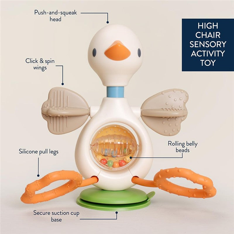 High Chair Sensory Activity Toy featuring a colorful goose design with push-and-squeak head, clicky wings, and rolling beads.