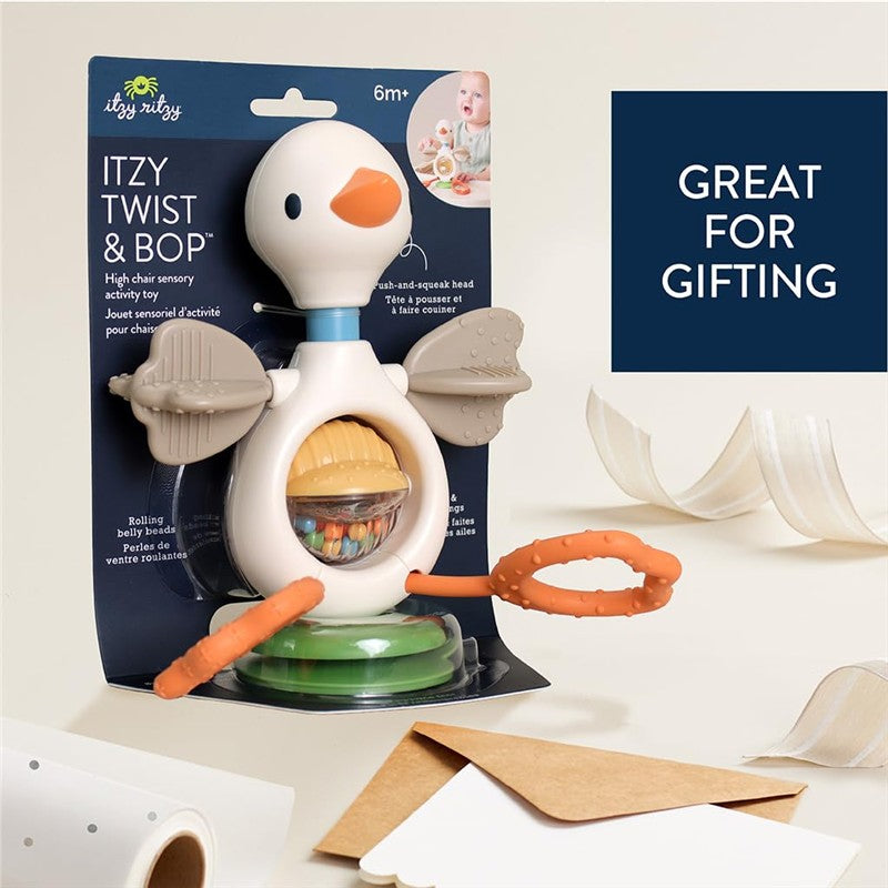 Itzy Ritzy Twist & Bop High Chair Sensory Activity Toy shaped like a goose, featuring a push-and-squeak head and colorful beads.