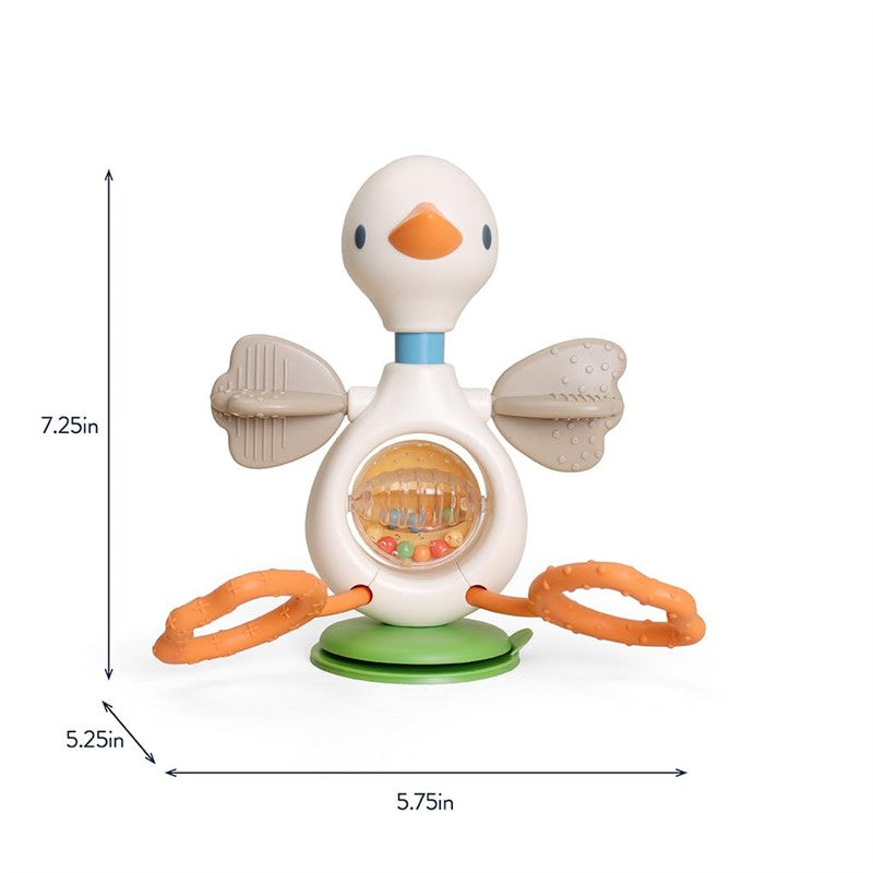 High chair sensory activity toy shaped like a goose, featuring colorful beads and textured rings for baby engagement.