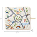 2-in-1 play mat featuring a town scene with roads, buildings, and animals, measuring 30.75x27 inches in taupe checkerboard design.