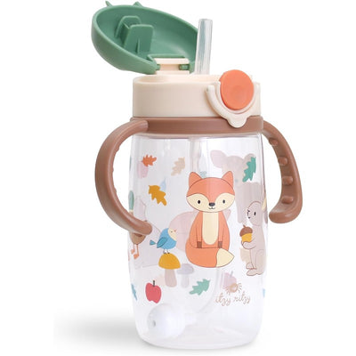 Woodland-themed straw cup with snap-close lid, featuring cute animal illustrations and handles for easy use.