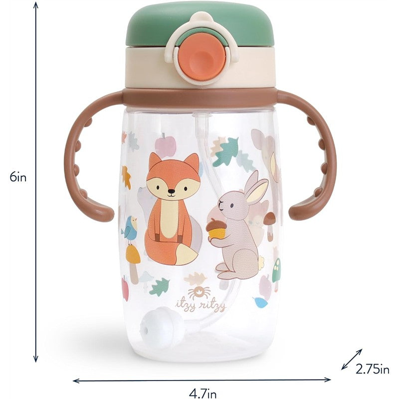 Woodland-themed straw cup featuring a fox and rabbit design, with a snap-close lid and two handles for easy grip.