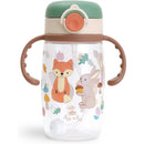 Woodland-themed straw cup featuring a fox and a bunny, with a snap-close lid and handles for easy drinking.
