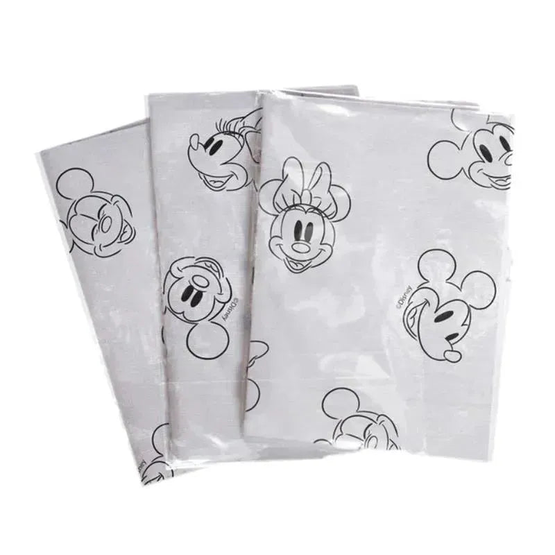 Disposable restaurant high chair covers featuring Mickey and Minnie Mouse designs, packaged in three individual wraps.