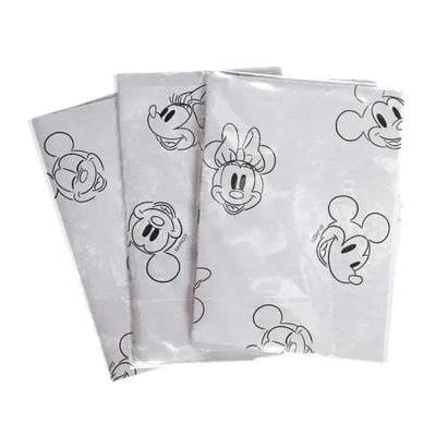 Disposable restaurant high chair covers featuring Mickey and Minnie Mouse designs, packaged in three individual wraps.