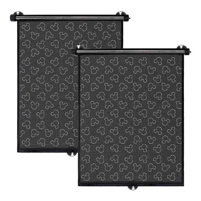 Black pull-down car sun shades featuring a repeated Mickey Mouse pattern, designed for Disney Baby products.