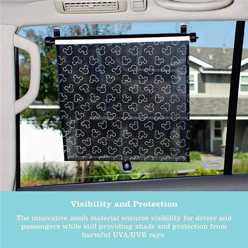 2-pack Disney Baby pull-down car sun shades featuring an all-over Mickey Mouse pattern, offering UV protection and visibility.