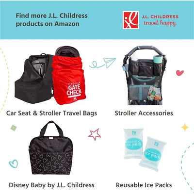 J.L. Childress product collage featuring a car seat bag, stroller accessories, a Disney baby bag, and reusable ice packs.