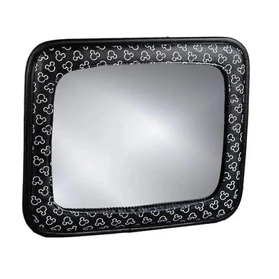 Adjustable car mirror featuring a black frame with a Mickey Mouse pattern, designed for child safety in vehicles.