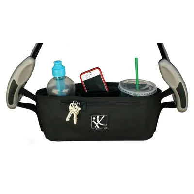 Black parent tray with compartments holding a water bottle, phone, and two drinks, designed for strollers.