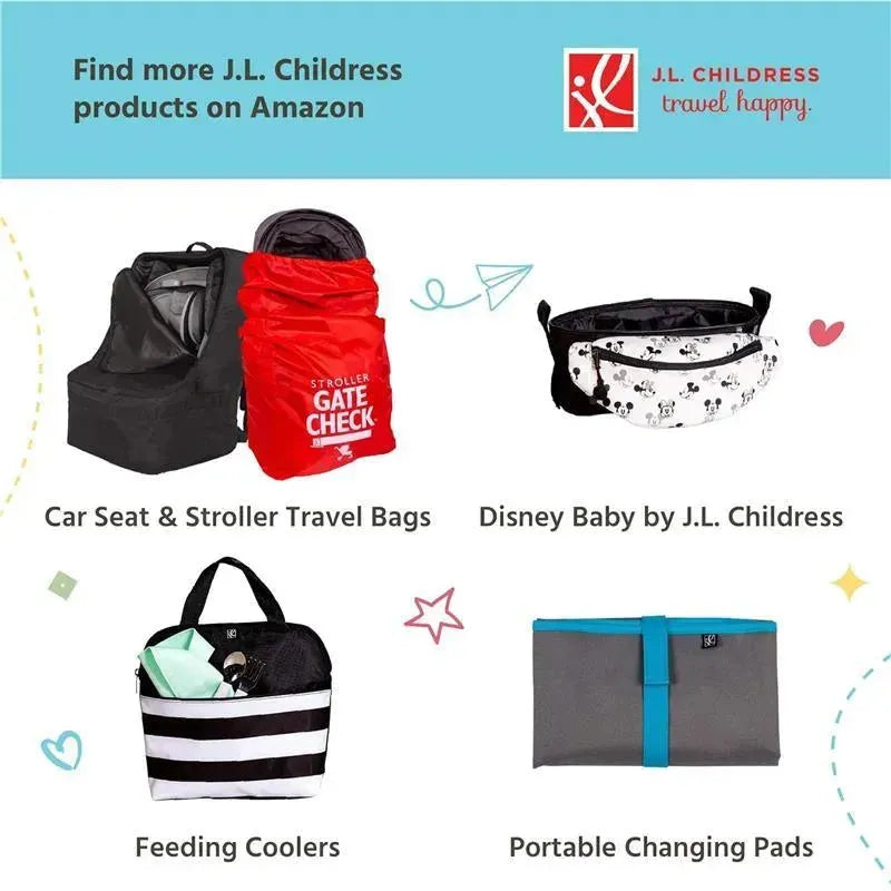 J.L. Childress products including travel bags, coolers, and changing pads, featuring bright colors and playful designs.