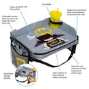 DC Comics Batman 3-in-1 Travel Tray featuring a 14” x 11” surface, cup holder, zippered compartment, and detachable storage pockets.