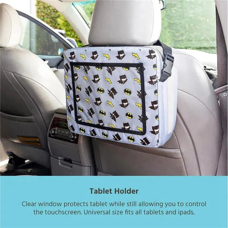 Batman-themed travel tray and tablet holder attached to a car seat, featuring a clear window for touchscreen use.