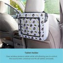 Batman-themed travel tray and tablet holder attached to a car seat, featuring a clear window for touchscreen use.