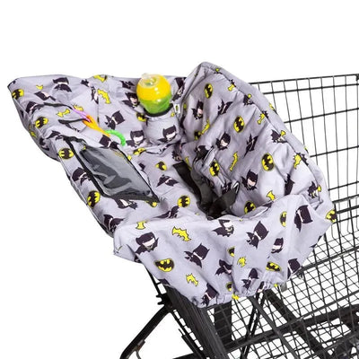 J.L. Childress Batman shopping cart and high chair cover featuring a grey fabric with Batman motifs and toy attachment.